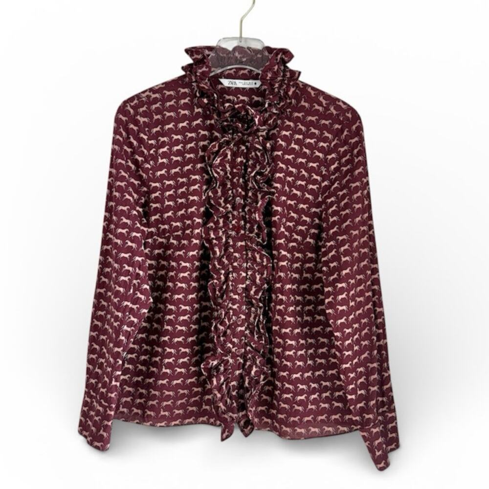 Zara Horse Print Shirt Ruffle Trim Women Size XL Burgundy Maroon Pink Slim Fit - Picture 2 of 7